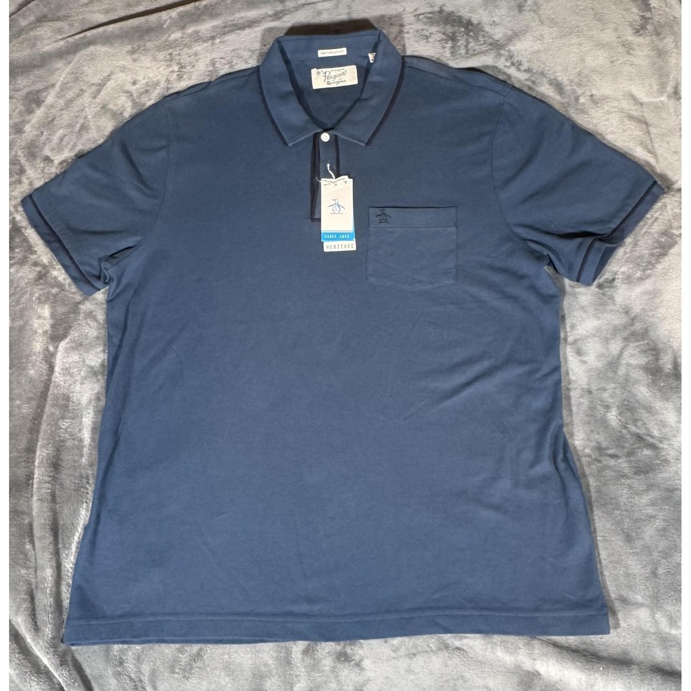 Original Penguin Polo Shirt Mens 2XL Blue Heritage Slim Fit Chest Pocket Cotton